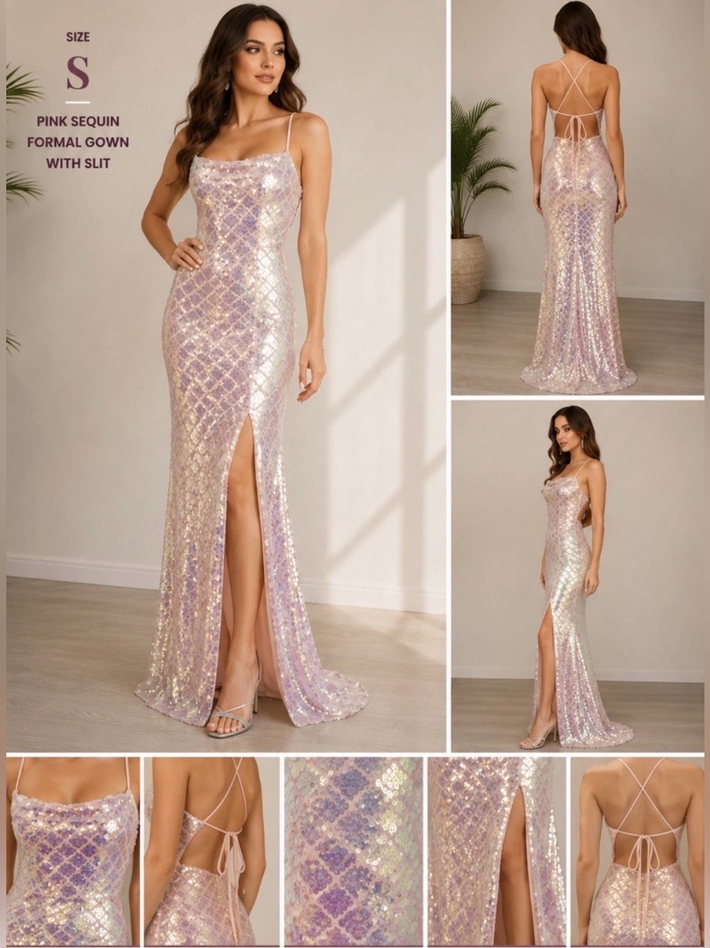 Women’s pink Iridescent Sequin Prom Dress Size S Formal Evening Gown, Slit